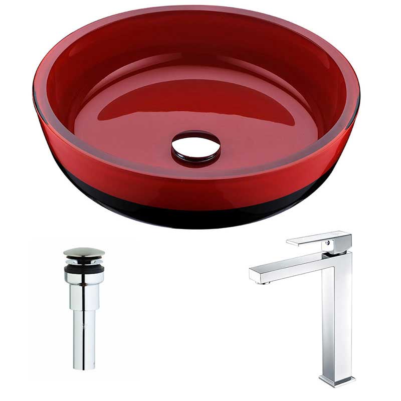 Anzzi Schnell Series Deco-Glass Vessel Sink in Lustrous Red and Black with Enti Faucet in Polished Chrome