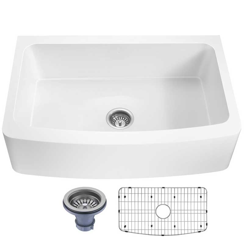Anzzi Mesa Series Farmhouse Solid Surface 33 in. 0-Hole Single Bowl Kitchen Sink with 1 Strainer in Matte White K-AZ272-A1
