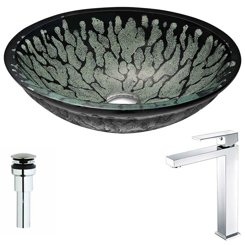 Anzzi Bravo Series Deco-Glass Vessel Sink in Lustrous Black with Enti Faucet in Polished Chrome