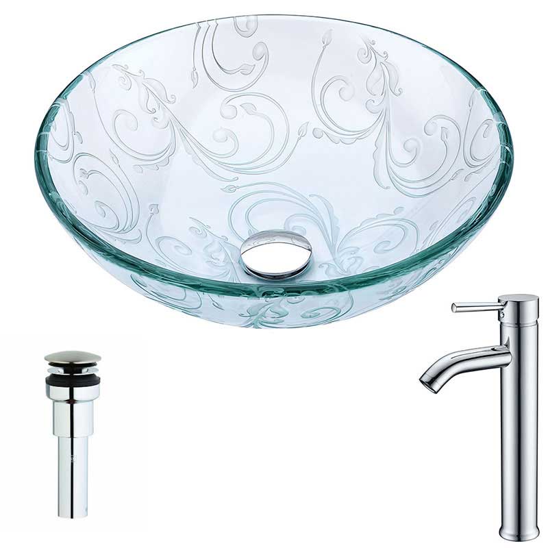 Anzzi Vieno Series Deco-Glass Vessel Sink in Crystal Clear Floral with Fann Faucet in Chrome