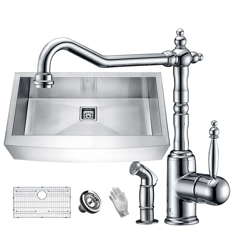 Anzzi Elysian Farmhouse 36 in. Single Bowl Kitchen Sink with Faucet in Polished Chrome KAZ36201AS-037