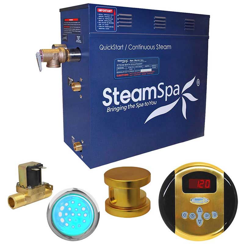 SteamSpa Indulgence 6 KW QuickStart Acu-Steam Bath Generator Package with Built-in Auto Drain in Polished Gold