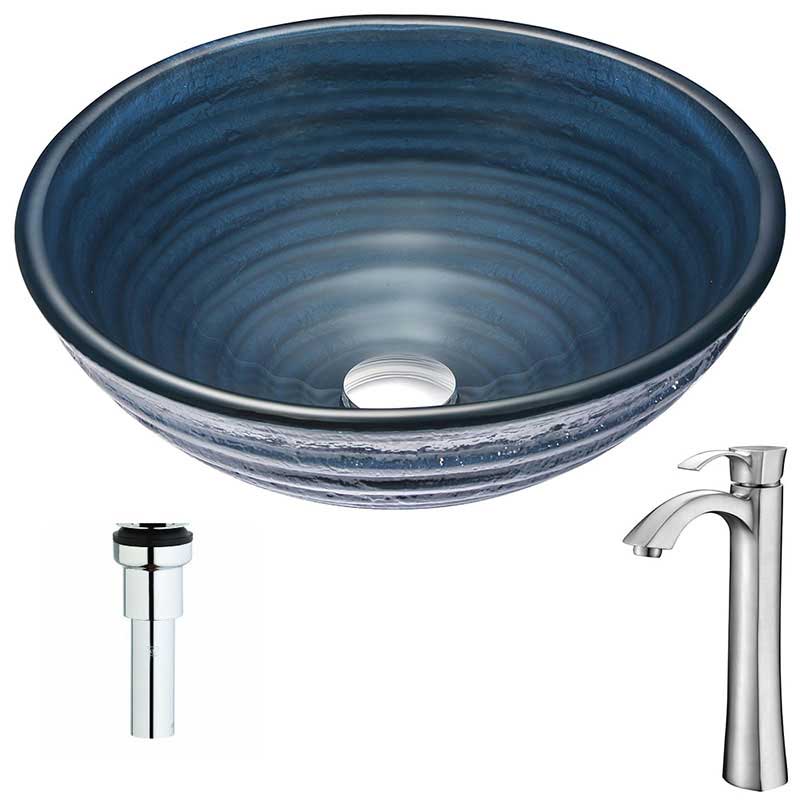 Anzzi Tempo Series Deco-Glass Vessel Sink in Coiled Blue with Harmony Faucet in Brushed Nickel