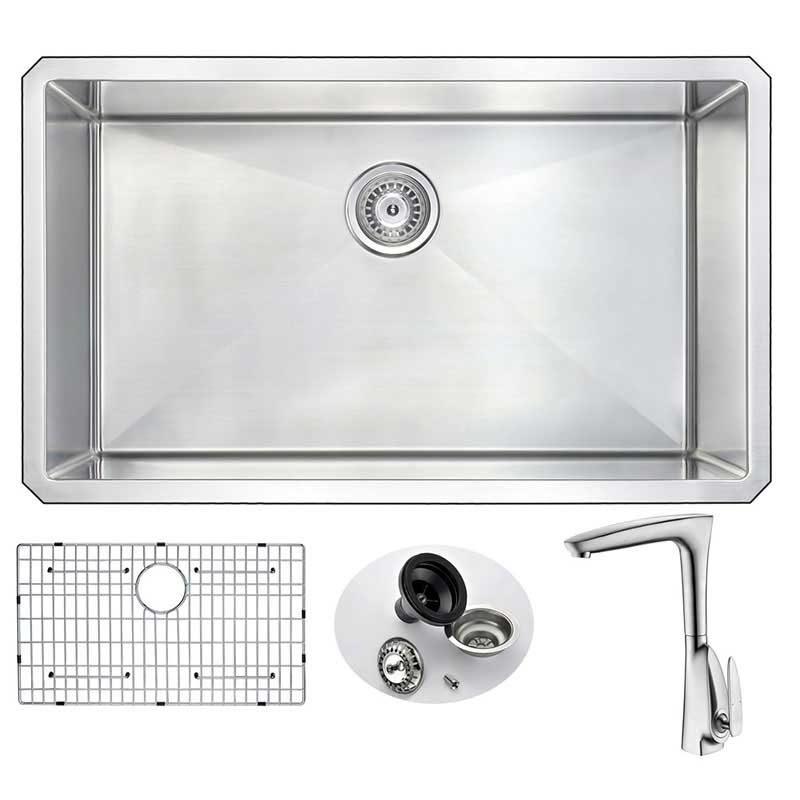 Anzzi VANGUARD Undermount Stainless Steel 32 in. 0-Hole Single Bowl Kitchen Sink with Timbre Faucet in Brushed Nickel