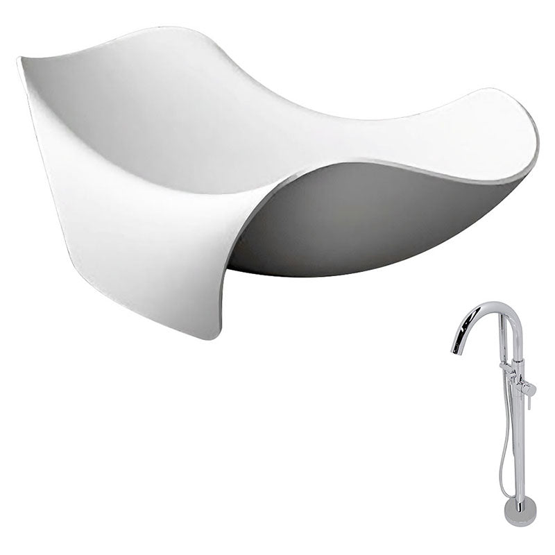Anzzi Cielo 6.5 ft. Man-Made Stone Freestanding Non-Whirlpool Bathtub in Matte White and Kros Series Faucet in Chrome