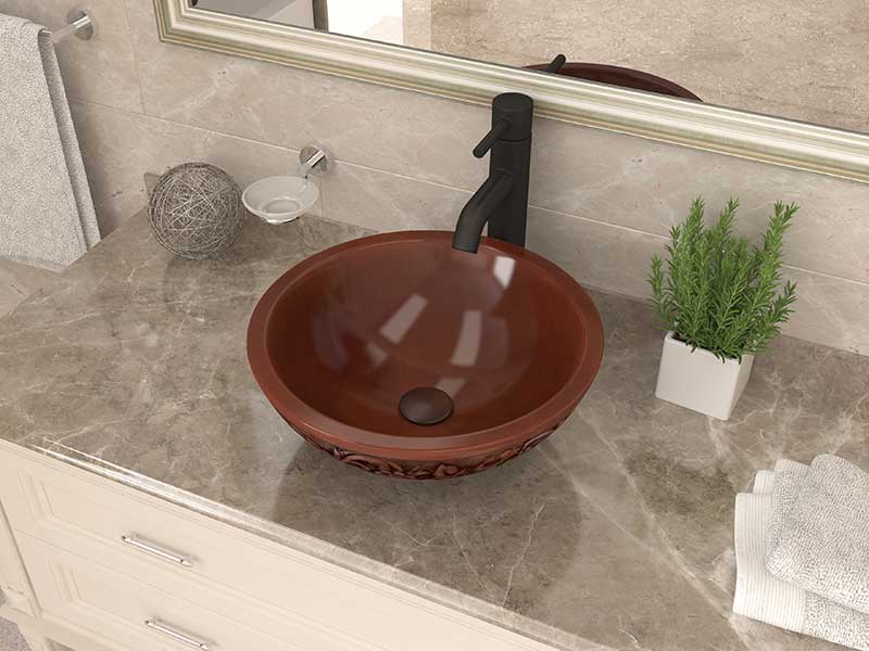 Anzzi Theban 16 in. Handmade Vessel Sink in Polished Antique Copper with Floral Design Exterior BS-011 3