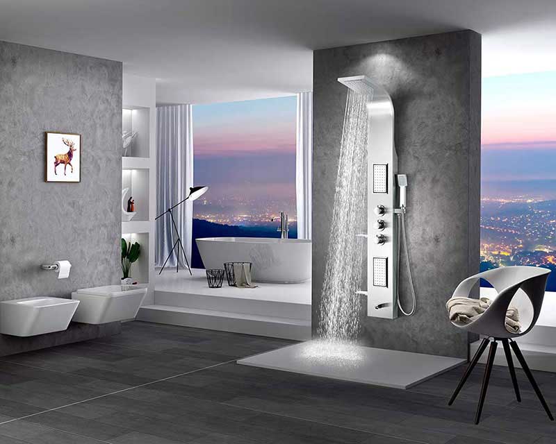 Anzzi FIELD Series 58 in. Full Body Shower Panel System with Heavy Rain Shower and Spray Wand in Brushed Steel 16