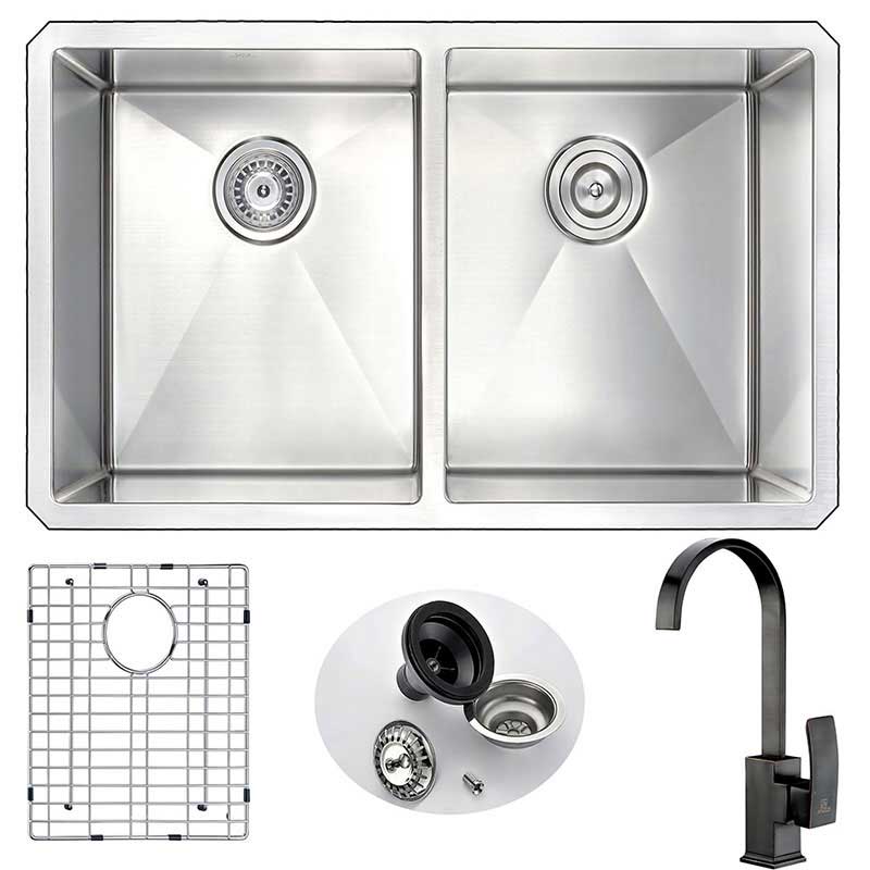 Anzzi VANGUARD Undermount Stainless Steel 32 in. Double Bowl Kitchen Sink and Faucet Set with Opus Faucet in Oil Rubbed Bronze