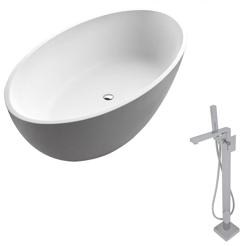 Anzzi Cestino 5.5 ft. Man-Made Stone Freestanding Non-Whirlpool Bathtub in Matte White and Dawn Series Faucet in Chrome