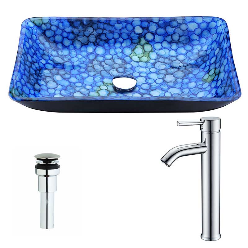 Anzzi Assai Series Deco-Glass Vessel Sink in Lustrous Blue with Fann Faucet in Chrome