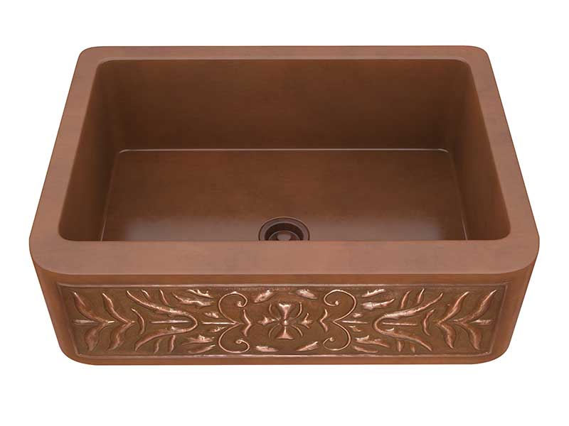Anzzi Orchard Farmhouse Handmade Copper 30 in. 0-Hole Single Bowl Kitchen Sink with Flower Design Panel in Polished Antique Copper K-AZ253