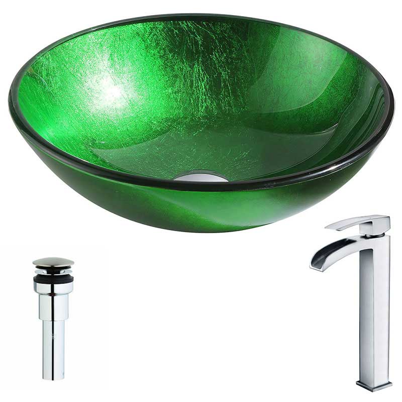 Anzzi Melody Series Deco-Glass Vessel Sink in Lustrous Green Finish with Key Faucet in Polished Chrome