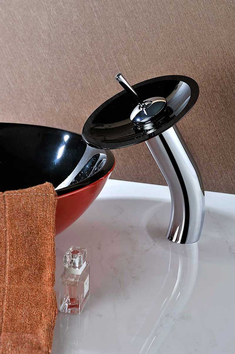 Anzzi Chord Series Deco-Glass Vessel Sink in Lustrous Black and Red with Matching Chrome Waterfall Faucet 9