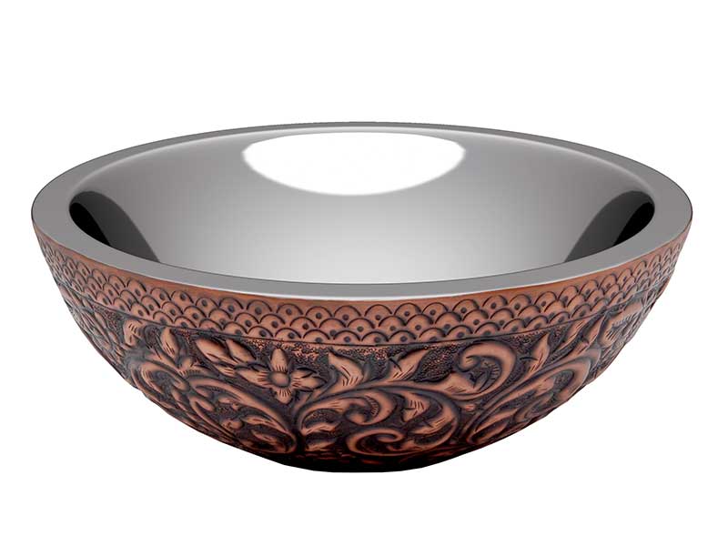 Anzzi Moor 14 in. Handmade Vessel Sink in Polished Antique Copper with Nickel Interior and Floral Design Exterior LS-AZ341