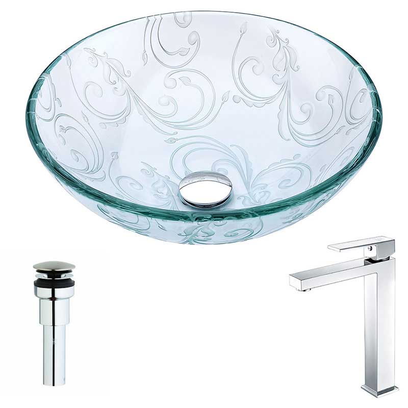 Anzzi Vieno Series Deco-Glass Vessel Sink in Crystal Clear Floral with Enti Faucet in Chrome