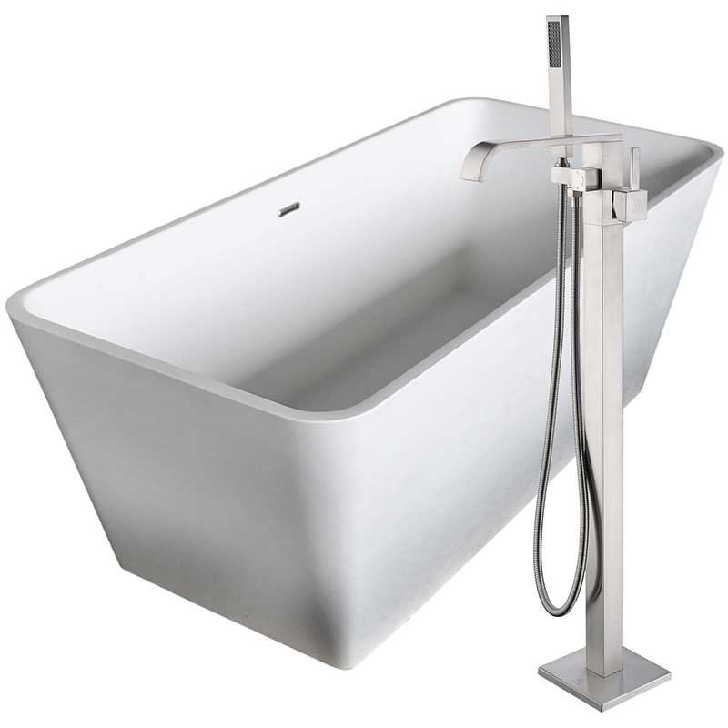 Anzzi Cenere 58.25 in. Solid Surface Soaking Bathtub in White with Angel Faucet in Brushed Nickel FTAZ501-0044B