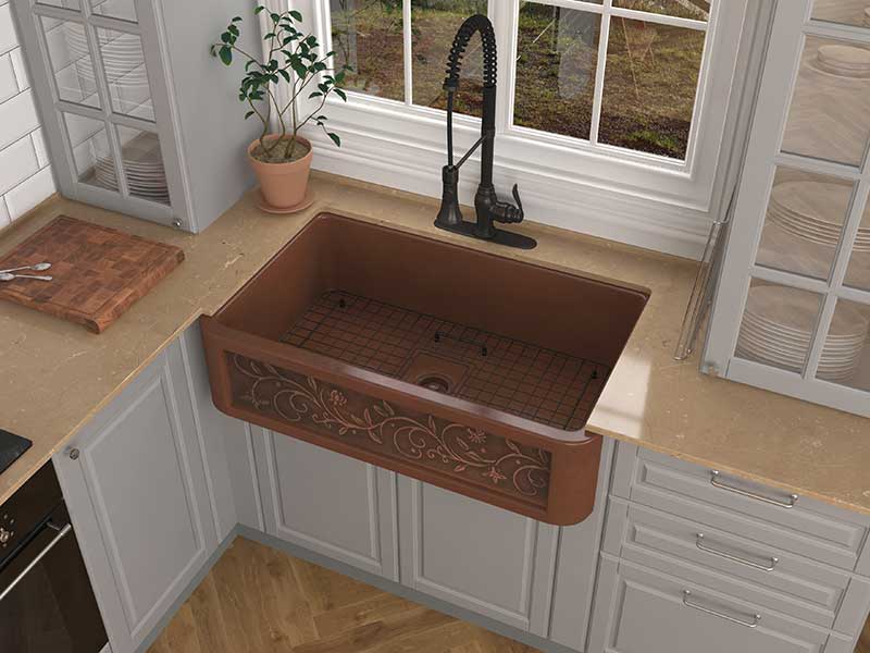 Anzzi Mytilene Farmhouse Handmade Copper 36 in. 0-Hole Single Bowl Kitchen Sink with Floral Design Panel in Polished Antique Copper SK-005 3