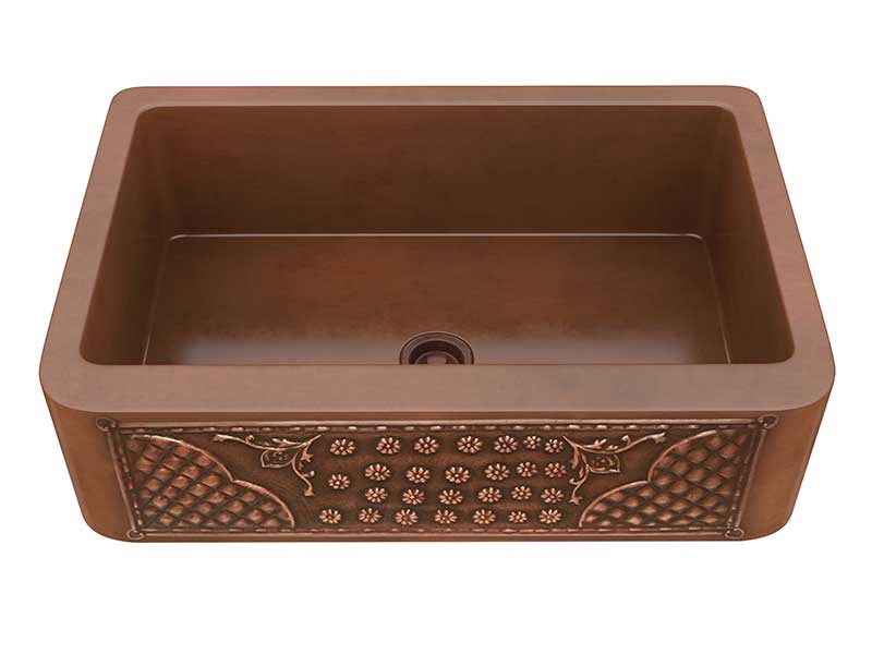 Anzzi Kasha Farmhouse Handmade Copper 33 in. 0-Hole Single Bowl Kitchen Sink with Flower Bed Design Panel in Polished Antique Copper K-AZ250