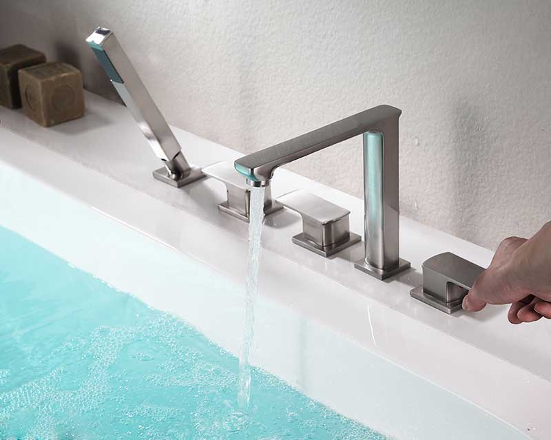 Anzzi Shore 3-Handle Deck-Mount Roman Tub Faucet with Handheld Sprayer in Brushed Nickel FR-AZ102BN 6