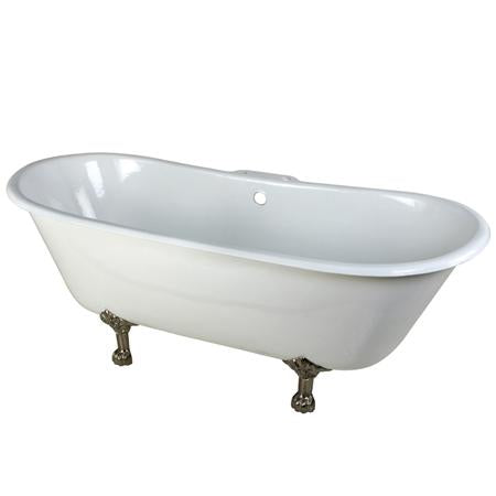 Kingston Brass VCT7D6728NH8 67 inches Cast Iron Double Slipper Clawfoot Bathtub with Satin Nickel Feet and 7 inches Centers Faucet Drillings, White