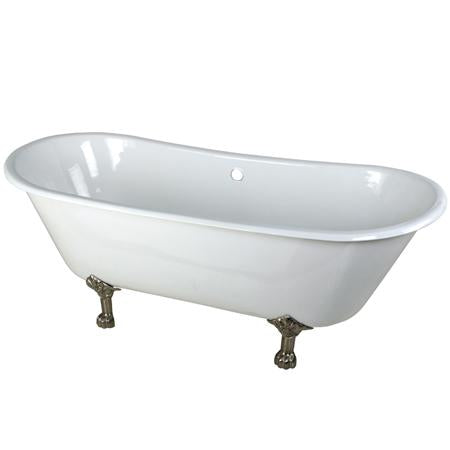Kingston Brass VCTND6728NH8 67 inches Cast Iron Double Slipper Clawfoot Bathtub with Satin Nickel Feet without Faucet Drillings, White