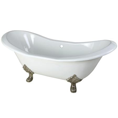 Kingston Brass VCTND7231NC8 72 inches Cast Iron Double Slipper Clawfoot Bathtub with Satin Nickel Feet without Faucet Drillings, White