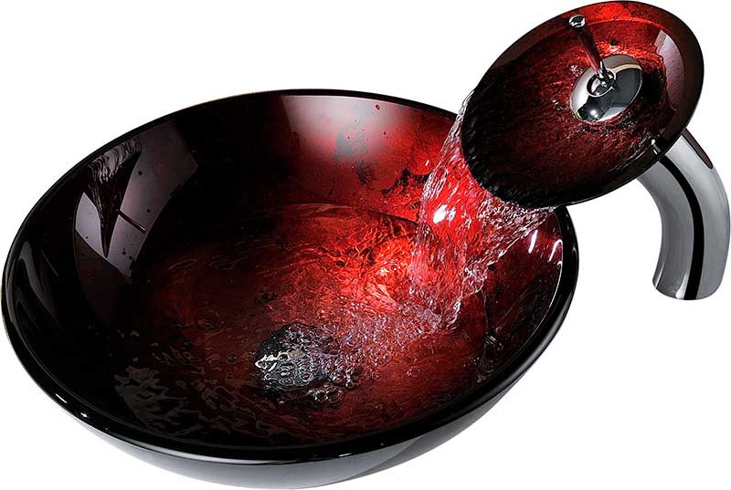 Anzzi Marumba Deco-Glass Vessel Sink in Tempered Red and Black with Matching Chrome Waterfall Faucet LS-AZ8089