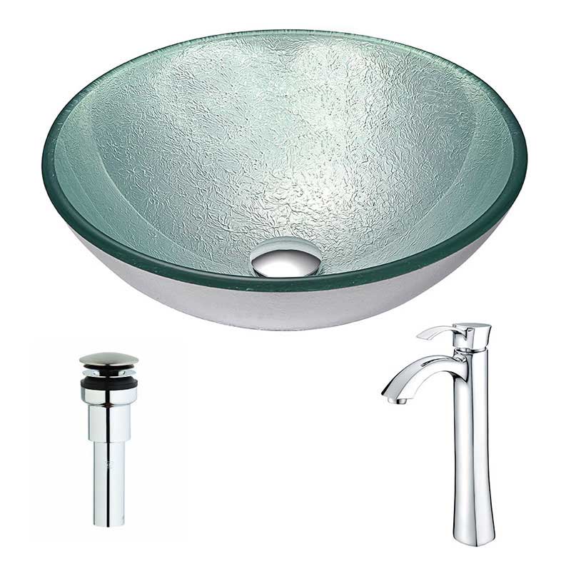 Anzzi Spirito Series Deco-Glass Vessel Sink in Churning Silver with Harmony Faucet in Chrome