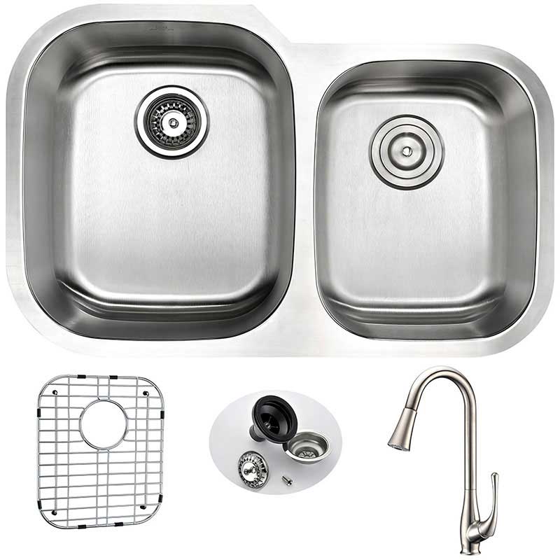 Anzzi MOORE Undermount Stainless Steel 32 in. Double Bowl Kitchen Sink and Faucet Set with Singer Faucet in Brushed Nickel
