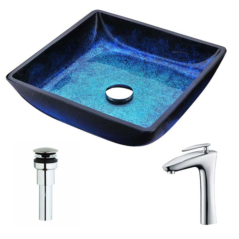 Anzzi Viace Series Deco-Glass Vessel Sink in Blazing Blue with Crown Faucet in Chrome