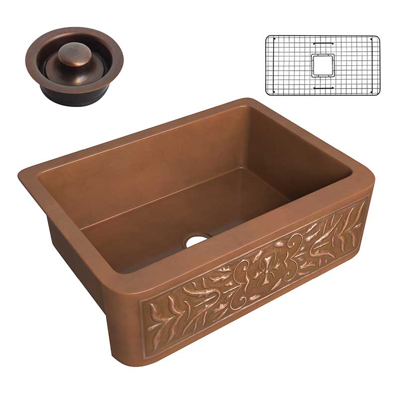 Anzzi Florina Farmhouse Handmade Copper 30 in. 0-Hole Single Bowl Kitchen Sink with Flower Design Panel in Polished Antique Copper SK-014