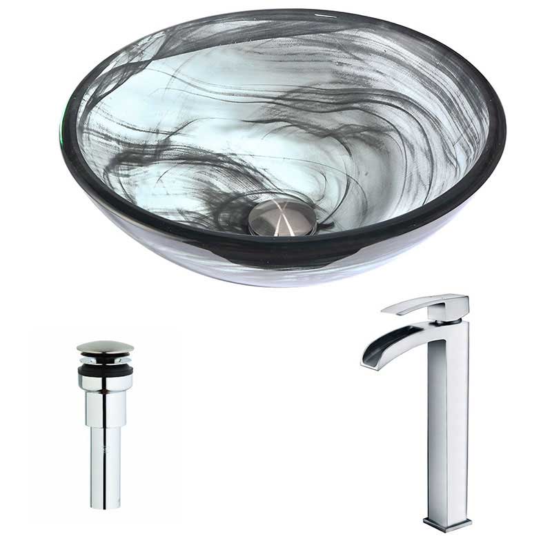 Anzzi Mezzo Series Deco-Glass Vessel Sink in Emerald Wisp with Key Faucet in Polished Chrome