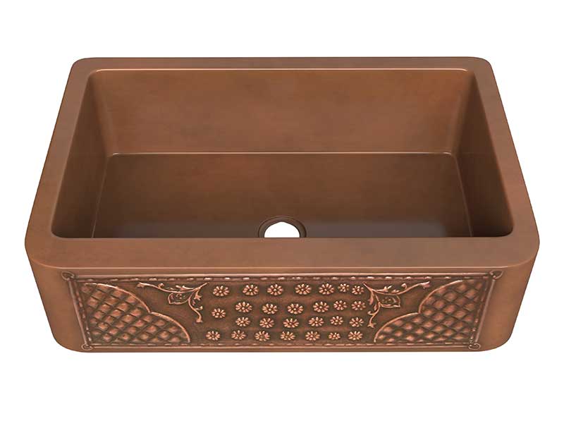 Anzzi Macedonian Farmhouse Handmade Copper 33 in. 0-Hole Single Bowl Kitchen Sink with Flower Bed Design Panel in Polished Antique Copper SK-011 7