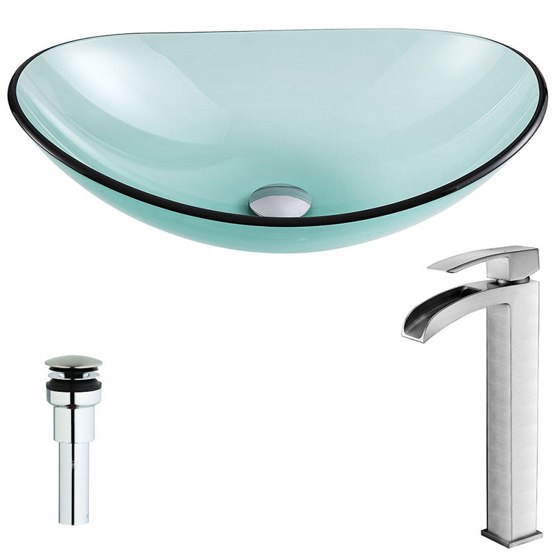 Anzzi Major Series Deco-Glass Vessel Sink in Lustrous Green with Key Faucet in Brushed Nickel
