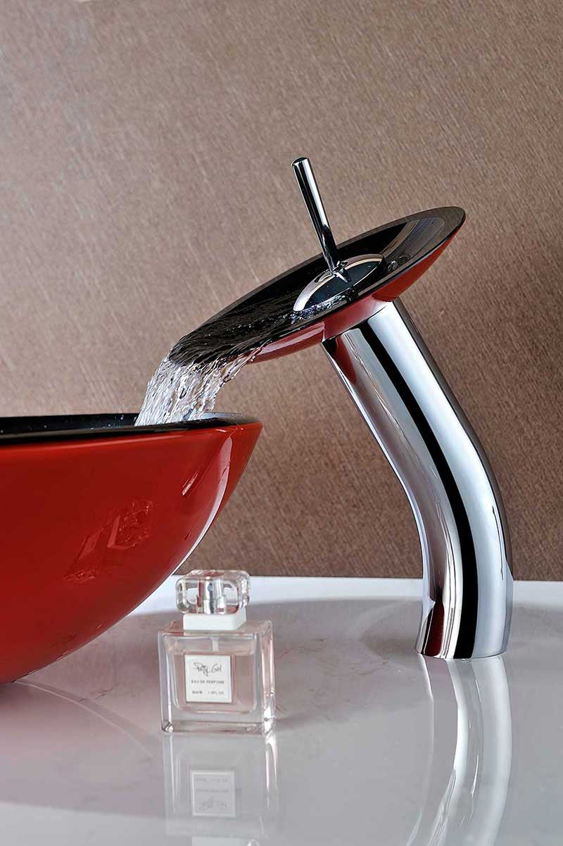 Anzzi Chord Series Deco-Glass Vessel Sink in Lustrous Black and Red with Matching Chrome Waterfall Faucet 6