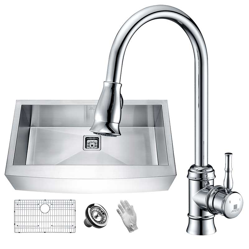 Anzzi Elysian Farmhouse 36 in. Single Bowl Kitchen Sink with Faucet in Polished Chrome KAZ36201AS-044