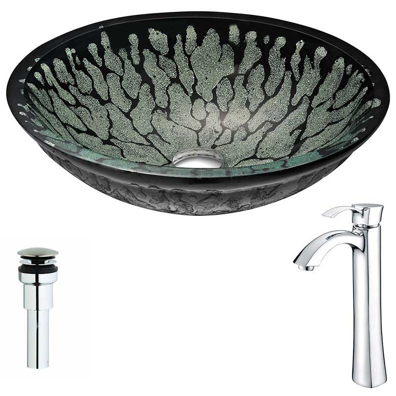 Anzzi Bravo Series Deco-Glass Vessel Sink in Lustrous Black with Harmony Faucet in Chrome