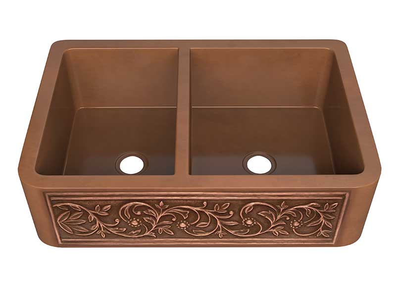 Anzzi Moesia Farmhouse Handmade Copper 33 in. 60/40 Double Bowl Kitchen Sink with Floral Design in Polished Antique Copper SK-010 8