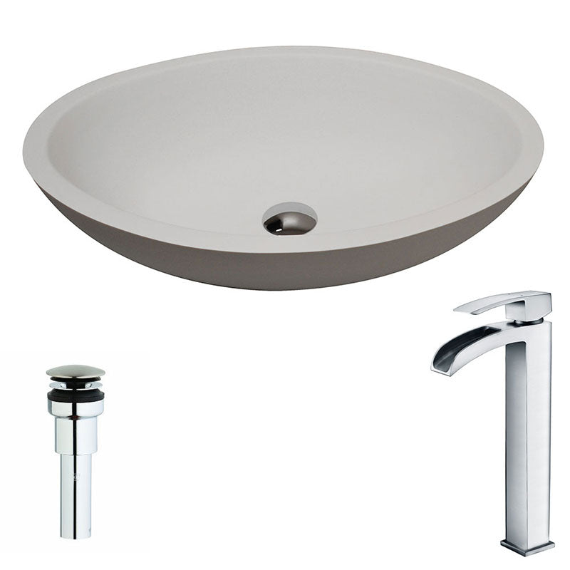 Anzzi Maine Series 1-Piece Man Made Stone Vessel Sink in Matte White with Key Faucet in Polished Chrome