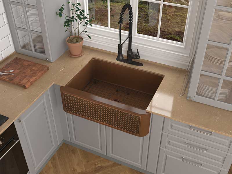 Anzzi Edessa Farmhouse Handmade Copper 30 in. 0-Hole Single Bowl Kitchen Sink with Weave Design Panel in Polished Antique Copper SK-016 3