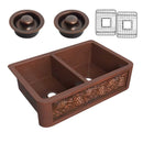 Anzzi Dalmatia Farmhouse Handmade Copper 33 in. 40/60 Double Bowl Kitchen Sink with Grape Vine Design in Polished Antique Copper SK-007