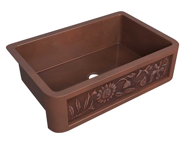 Anzzi Anatolian Farmhouse Handmade Copper 33 in. 0-Hole Single Bowl Kitchen Sink with Sunflower Design Panel in Polished Antique Copper SK-012 5