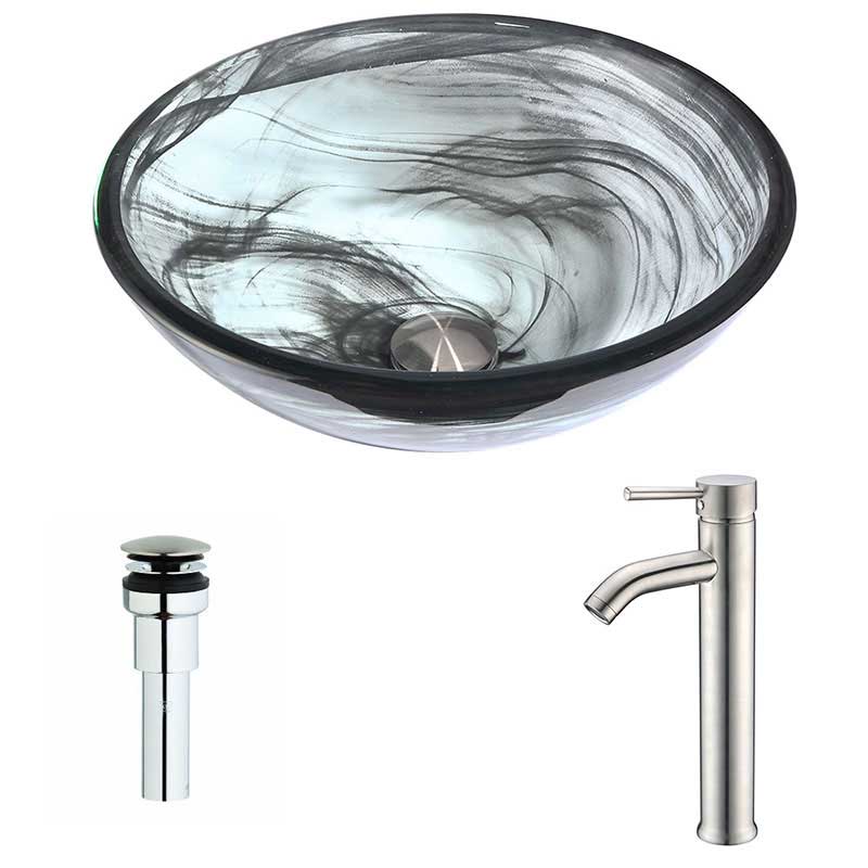 Anzzi Mezzo Series Deco-Glass Vessel Sink in Emerald Wisp with Fann Faucet in Brushed Nickel