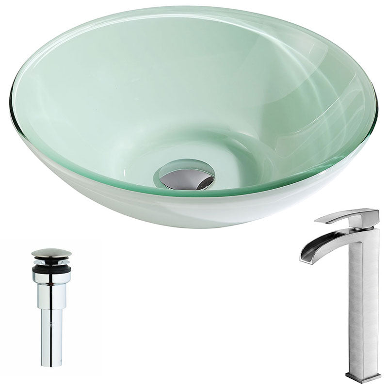 Anzzi Sonata Series Deco-Glass Vessel Sink in Lustrous Light Green with Key Faucet in Brushed Nickel