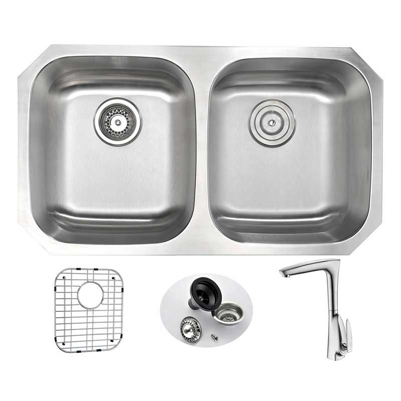 Anzzi MOORE Undermount Stainless Steel 32 in. Double Bowl Kitchen Sink and Faucet Set with Timbre Faucet in Brushed Nickel
