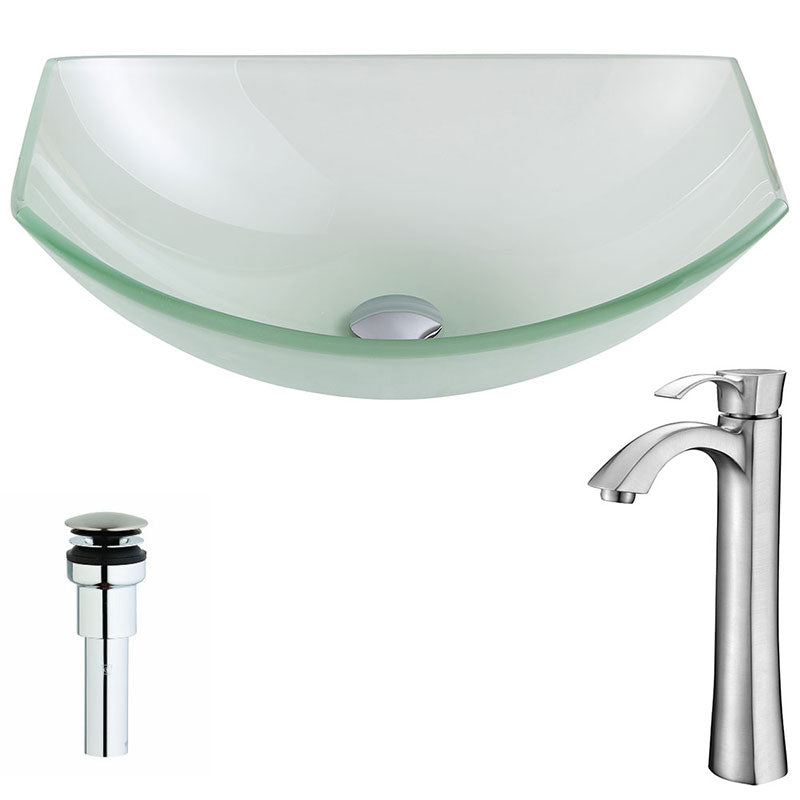 Anzzi Pendant Series Deco-Glass Vessel Sink in Lustrous Frosted Finish with Harmony Faucet in Brushed Nickel