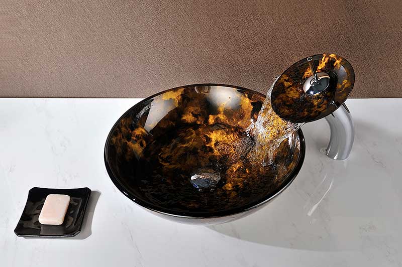 Anzzi Toa Series Deco-Glass Vessel Sink in Kindled Amber with Matching Chrome Waterfall Faucet LS-AZ8102 4