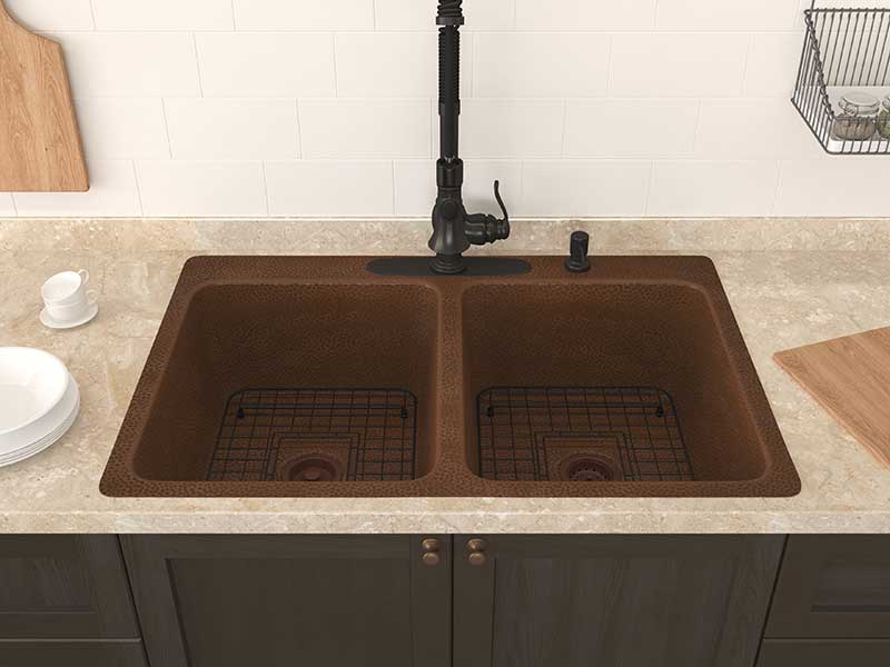 Anzzi Shore Drop-in Handmade Copper 33 in. 4-Hole 50/50 Double Bowl Kitchen Sink in Hammered Antique Copper K-AZ265 4