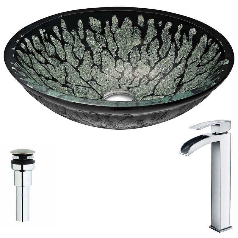 Anzzi Bravo Series Deco-Glass Vessel Sink in Lustrous Black with Key Faucet in Polished Chrome