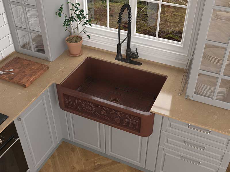 Anzzi Saint Farmhouse Handmade Copper 33 in. 0-Hole Single Bowl Kitchen Sink with Sunflower Design Panel in Polished Antique Copper K-AZ251 3